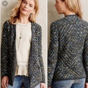Anthropologie Moth Keavy Jacquard Sweater Sz Sm Jacket Green Open Cardigan small